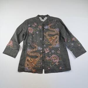 Citron Santa Monica Jacket Womens Medium Gray Linen Dragon Embroidered Kimono
